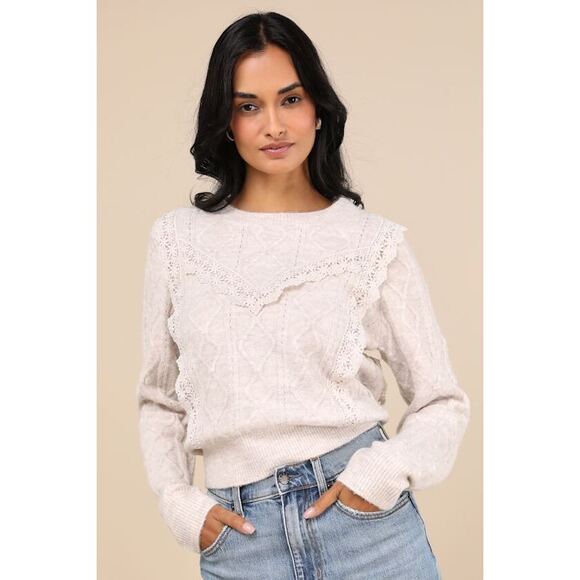 Lulus Sweetest Warmth Heather Taupe Cable Knit Lace Trim Sweater - Size XS NWT - Picture 1 of 1